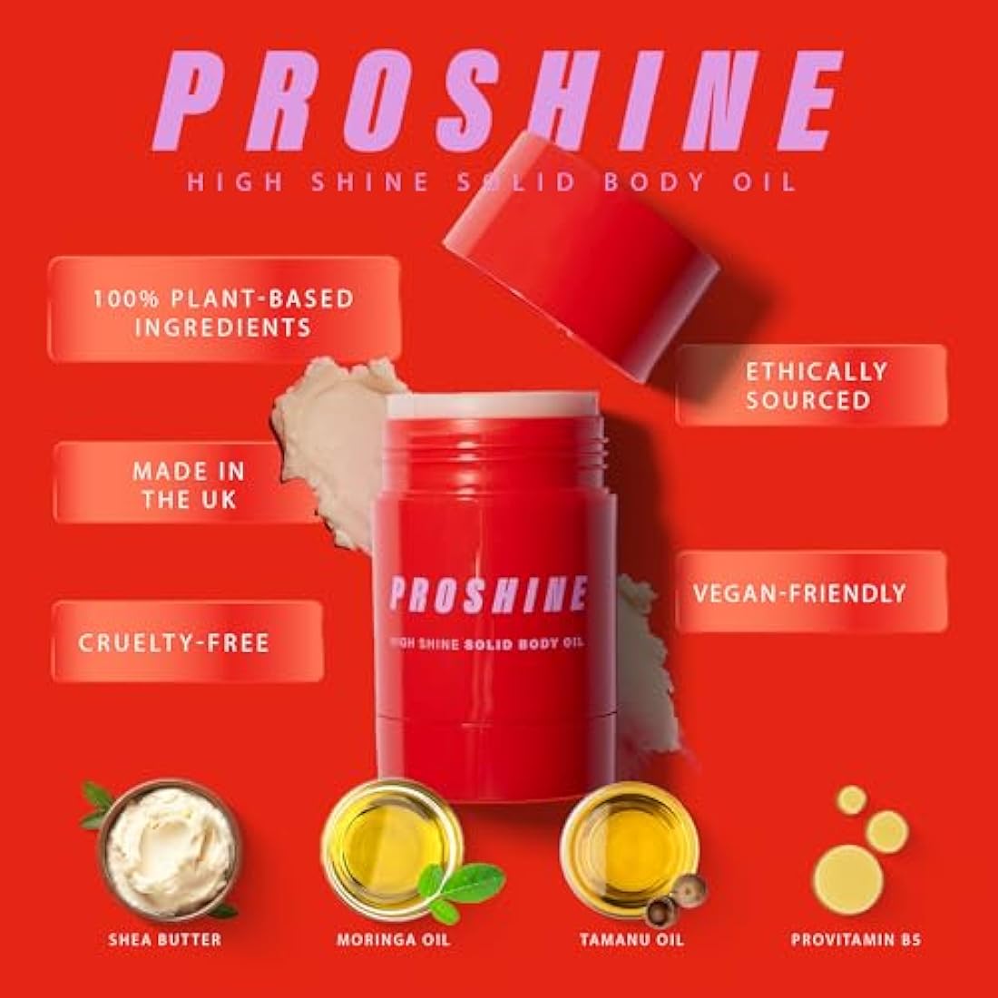Proshine High Shine Solid Body Oil with Soy Wax, Shea & Mango Butter Bar - Moisturising Body Care for All Skin Types - Vegan, Cruelty-Free Body Butter with Jasmine & Cedar Leaf Scent UK Made