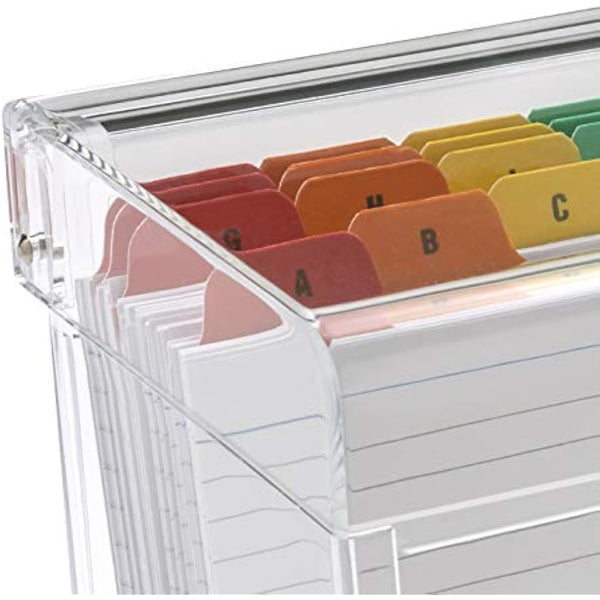 OSCO Clear Acrylic Index Box | Small | A to Z Divider Tabs | 100 Lined Note Sheets Included (5" X 3") | Ruled Revision Flash Cards | Recipe Notes | Contacts Filing | Fits 127 x 76 mm