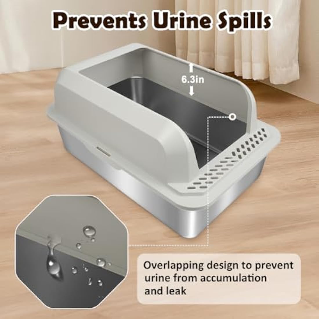 Vivifying Extra Large Grey Stainless Steel Cat Litter Box, Easy to Clean and Odour-Resistant Metal Cat Litter Tray with Lid, Leak-Proof, 55 x 35 x 30 cm