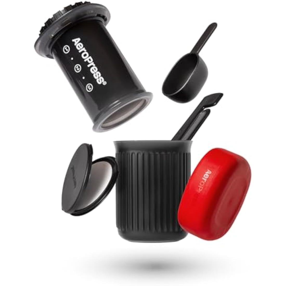 Aeropress Go Portable Travel Coffee Press Kit, 1-3 Cups in a Minute, Coffee, Espresso, & Cold Brew Maker, Manual Coffee Making Machine for Travel, Includes Mug & Lid, Grey