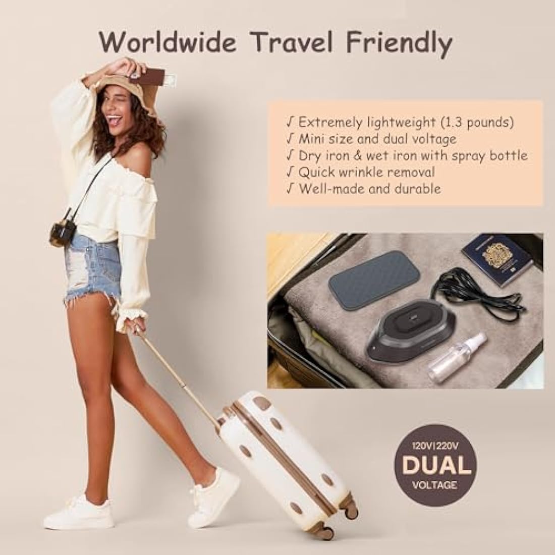 Newbealer Travel Iron - Mini Iron with Dual Voltage-220V/120V for Clothes, Compact Iron with Small Pouch for Global Travel, Quilting & Sewing, Brown