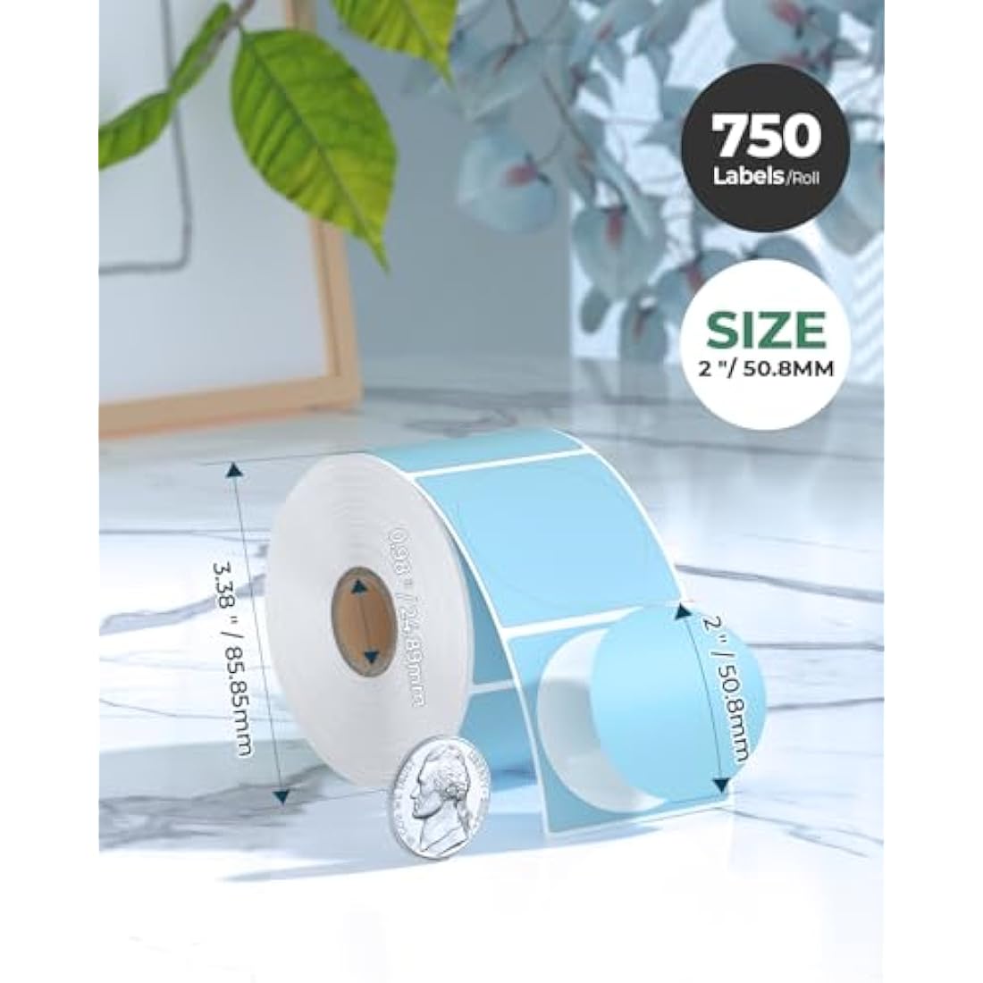 MUNBYN 50x50mm Blue Circle Thermal Sticker Labels, Self-Adhesive Round Direct Thermal Labels, Multi-Purpose Roll Sticker for DIY Logo Design, QR Code, Name Tag, Inventory-750 Sheet/1 Roll