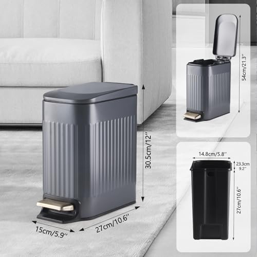 ELPHECO Slim Bathroom Trash Can Foot-Operated Stainless Steel Garbage Can with Soft Close Lid Step Trash Bin with Removable Inner Bucket for Bedroom, Office, Kitchen (Matt Grey, 1.8 Gallons)