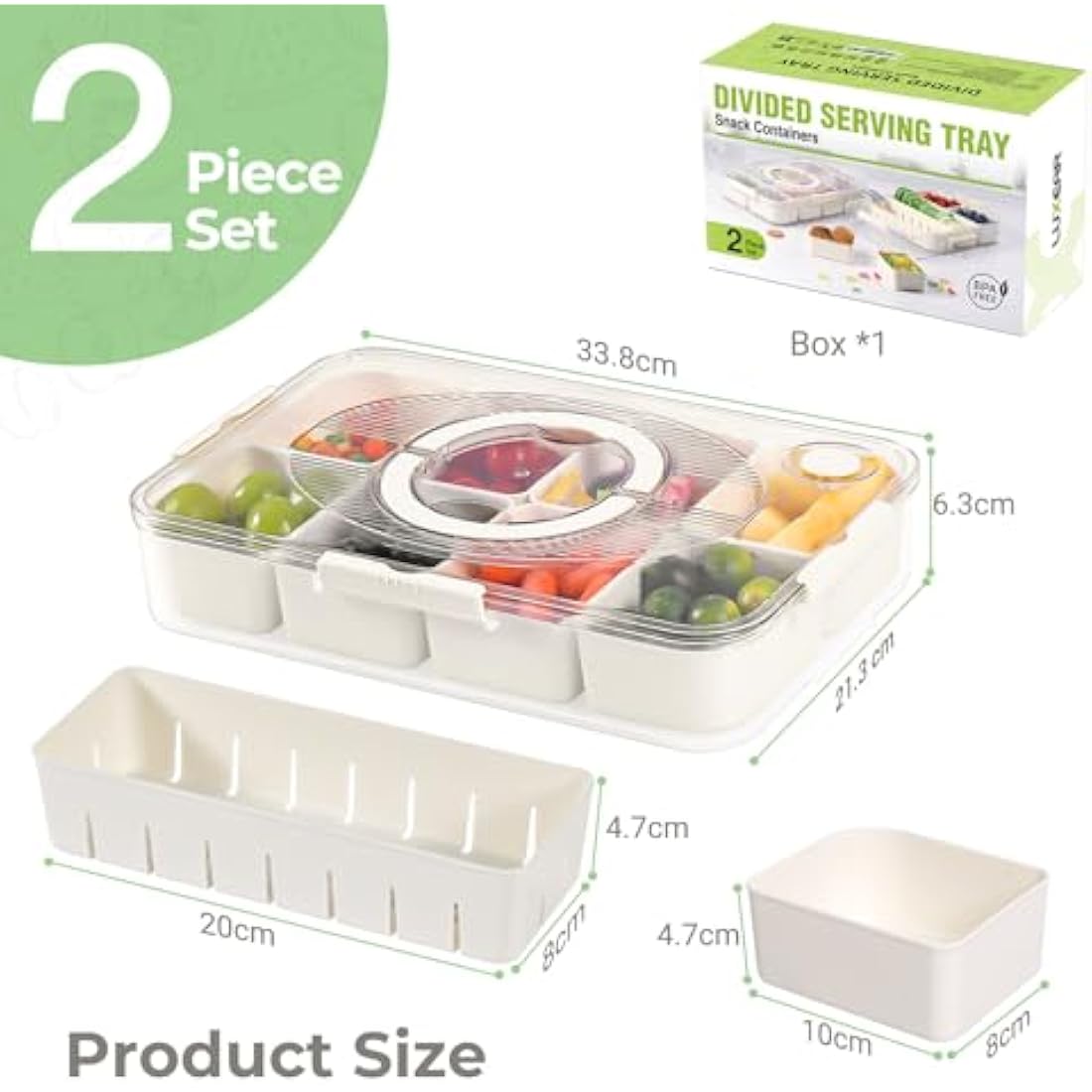Luxear 2P Divided Snack Box with Lid Handle, Divided Snack Serving Tray Removable Compartment, Food Storage Container Organiser for Snackle Box Appetizers Charcuterie Container