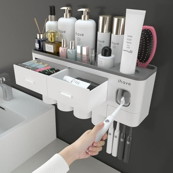 iHave Toothbrush Holders for Bathroom, 4 Cups Toothbrush Holder Wall Mounted with Toothpaste Dispenser - Large Capacity Tray, 2 Cosmetic Drawer - Bathroom Storage & Organisation