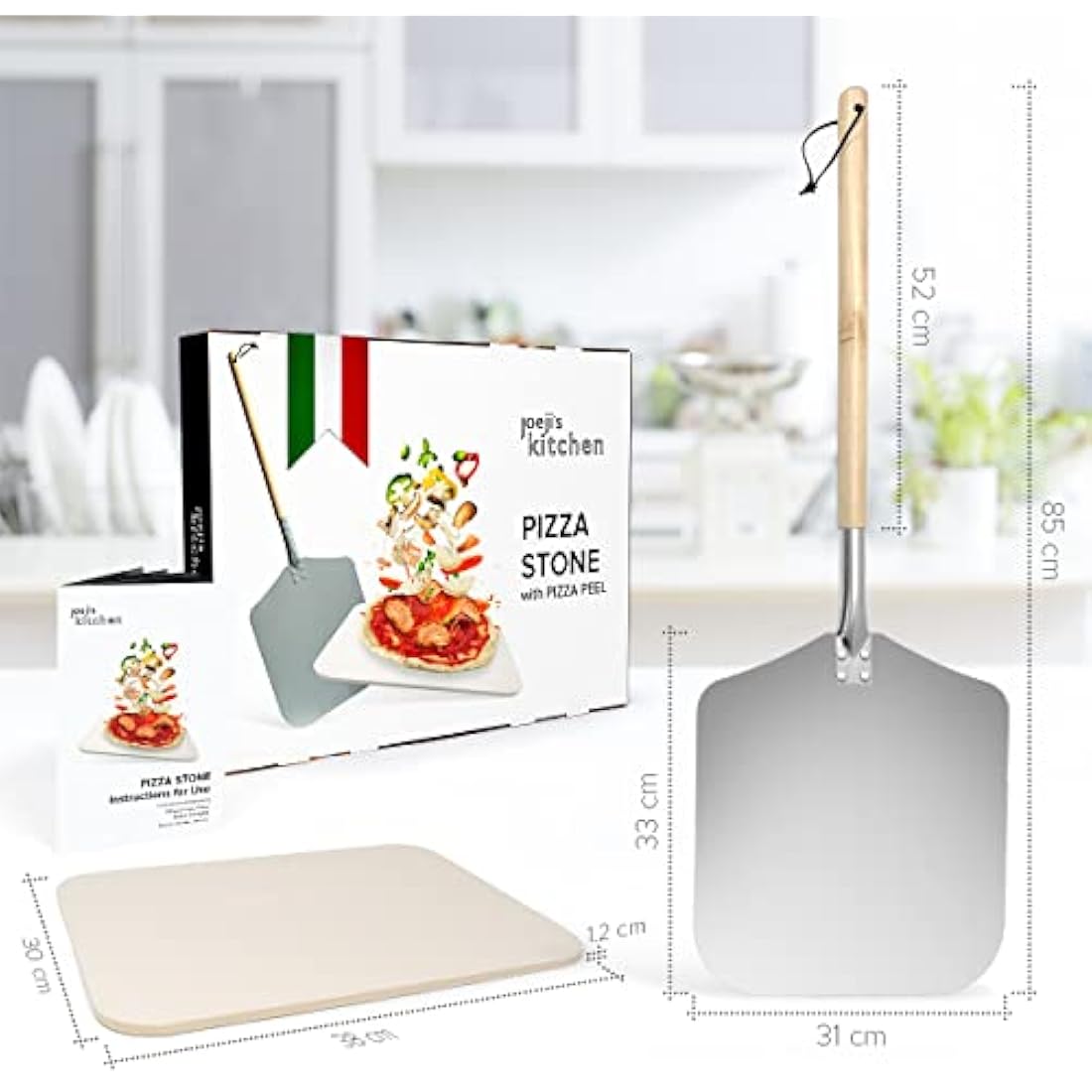 Joeji's Kitchen Pizza Stone & Peel Shovel Set - 30 x 38cm Rectangular Cordierite Stone for Oven BBQ - Aluminium Peel with Removable Wooden Handle
