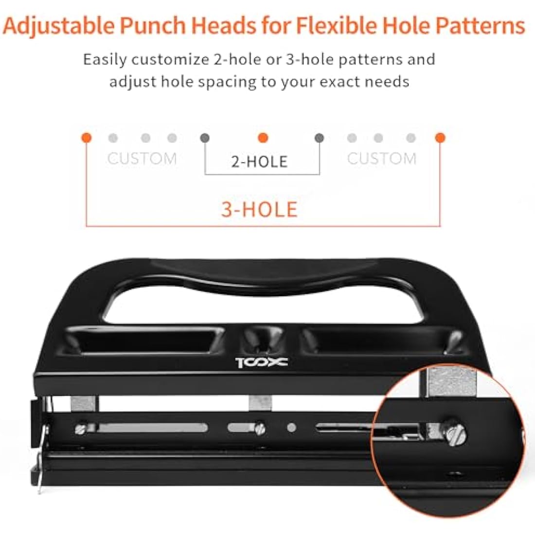 XOOL 3 Hole Punch, Heavy Duty Metal Hole Puncher for 2 or 3 Holes, 9/32" 7mm Hole Diameter, 40-Sheet Capacity, Adjustable Hole Spacing, Non-Slip Base for Office & School