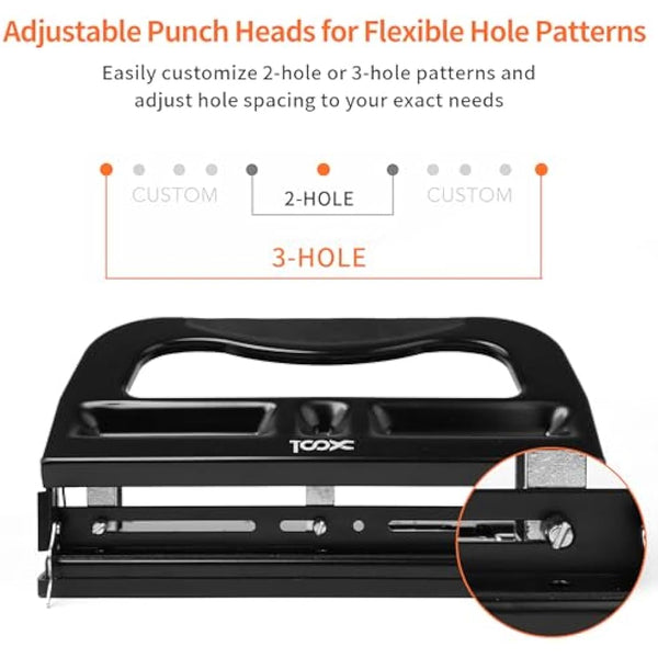 XOOL 3 Hole Punch, Heavy Duty Metal Hole Puncher for 2 or 3 Holes, 9/32" 7mm Hole Diameter, 40-Sheet Capacity, Adjustable Hole Spacing, Non-Slip Base for Office & School