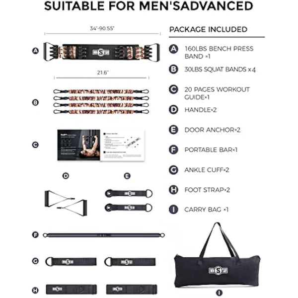 INNSTAR Portable Home Gym Set with Workout Bar, Bench Press Set, Squat Resistance Band, Door Anchor and More-Full Body Workout Equipment to Build Muscle and Shape Body