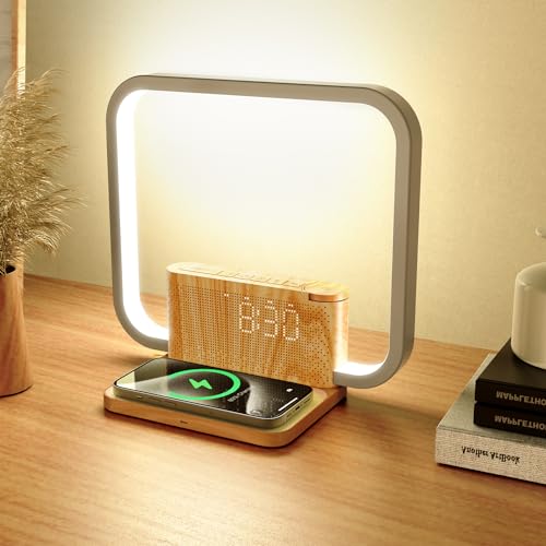 INSSISAIN Bedside Lamp with 10W Wireless Charger, Wake up Light with Snooze Digital Clock, 10 Soothing Nature Sounds and 3 Level Brightness Touch Lamp