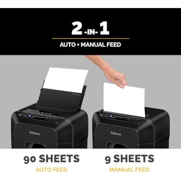 Fellowes Paper Shredder for Home Office - 90 Sheet Auto Feed, 9 Sheet Manual Feed Mini Cut - AutoMax 90M Hybrid with Sleep Mode, 17L Bin - Advanced Security P4 - Black