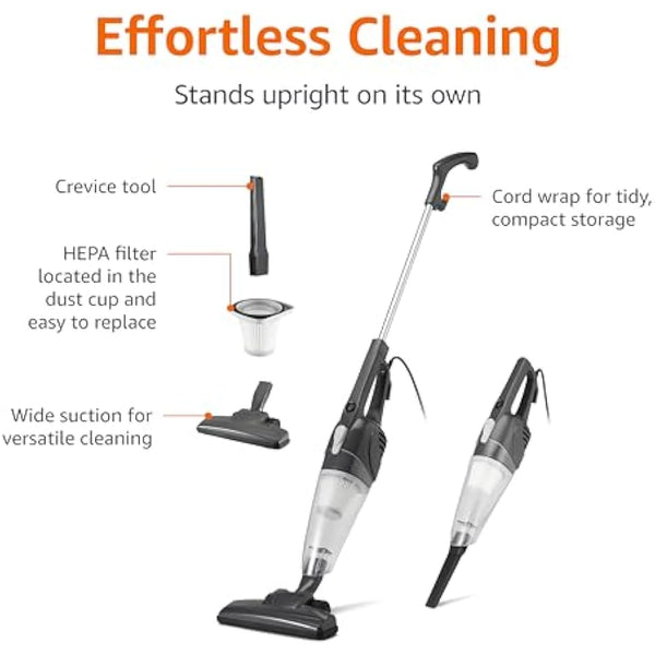 Amazon Basics 2-in-1 Corded Upright Vacuum Cleaner, ECO Motor, HEPA filtration, Lightweight Stick, Black