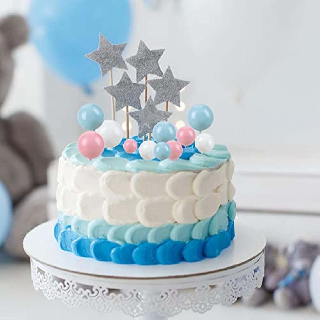 Gyufise 30Pcs Balls Cake Topper Foam Ball Cake Picks Faux Pearl Ball Shaped Cupcake Insert Cake Topper for Baby Shower Wedding Anniversary Kids Birthday Party Cake Decorations White Blue Pink