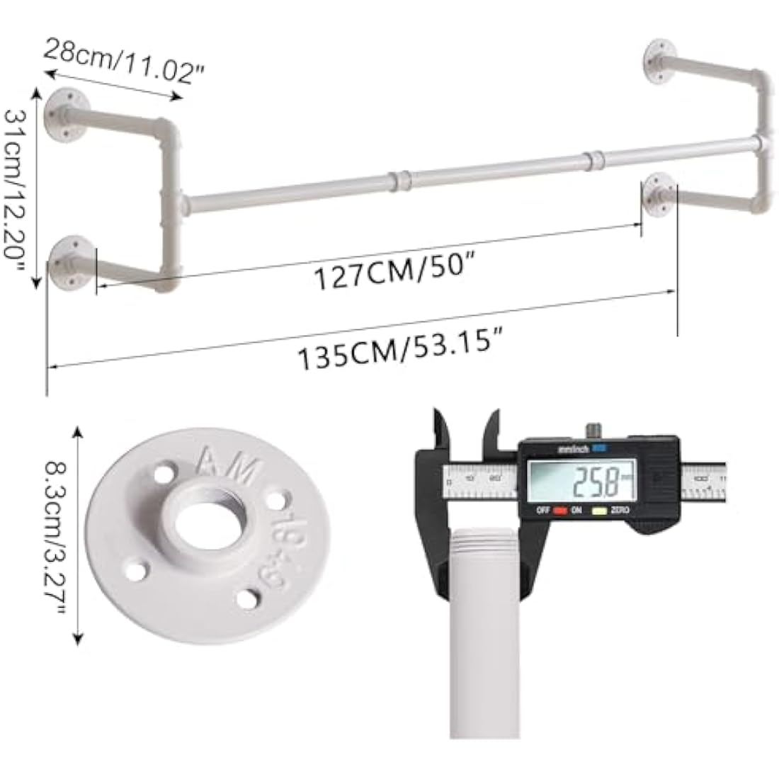 IBUYKE 50" Wall Mounted Coat Rack Industrial Design Wall Mount Removable Clothes Rack Space Saving Rack Load up to 60kg Four Bases White TYJ002W
