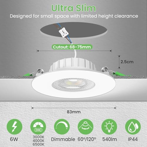 ALUSSO LIGHTING LED Recessed Ceiling Lights 6W 540lm, Ø68mm Downlight for Ceiling, Dimmable 3CCT Warm White 3000K Neutral White 4000K Cool White 6500K, IP44 Spotlights for Bathroom, 6Pack