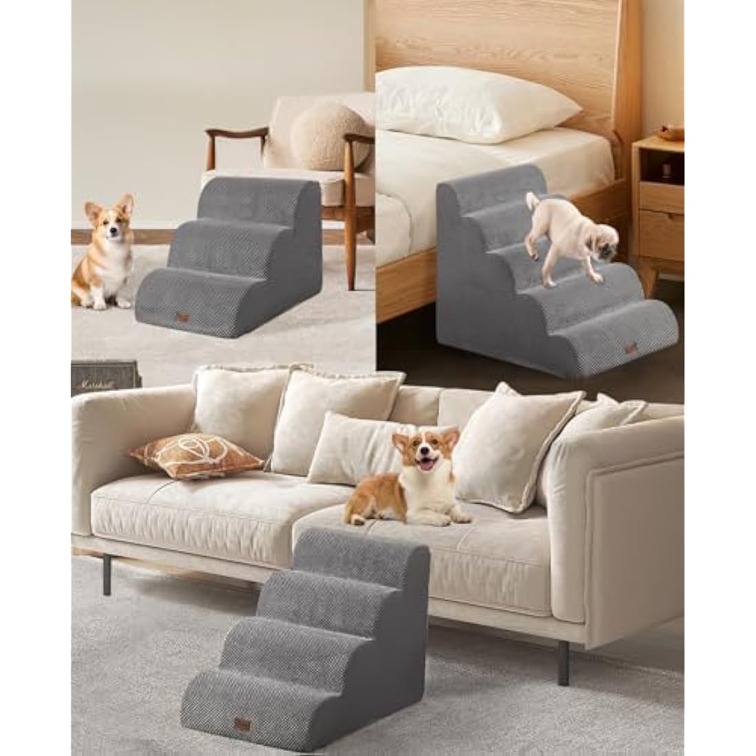 Ezkamfort Dog Steps for Bed, 5-Steps High Density Foam Dog Stairs with Detachable Cover & Non Slip Bottom, Waterproof Pet Steps Ladder for Sofa, Couch & Bed-Grey