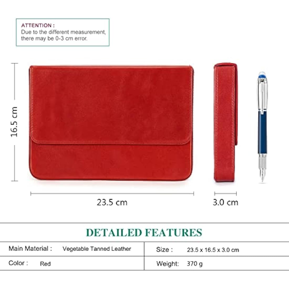 Hiram Leather Pen Case for 12 Pens Vegetable Tanned Leather Fountain Pen Storage Box with Hidden Magnetic Snap Closure and Pen Tray Design (Red)