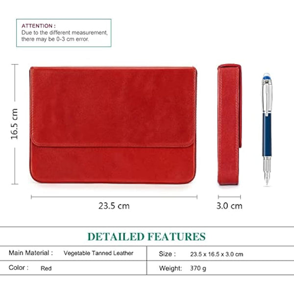 Hiram Leather Pen Case for 12 Pens Vegetable Tanned Leather Fountain Pen Storage Box with Hidden Magnetic Snap Closure and Pen Tray Design (Red)