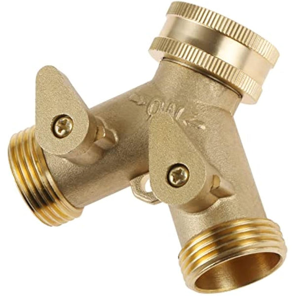 DRELD 3/4" Tap Y Splitter, Brass Tap Manifold 2 Way Garden Hose Connector Adapter with Valves and Rubbers for Outdoor, Garden, Courtyard, Lawn, Kitchen, Bathroom Standard Faucet (3/4 Y Tap)