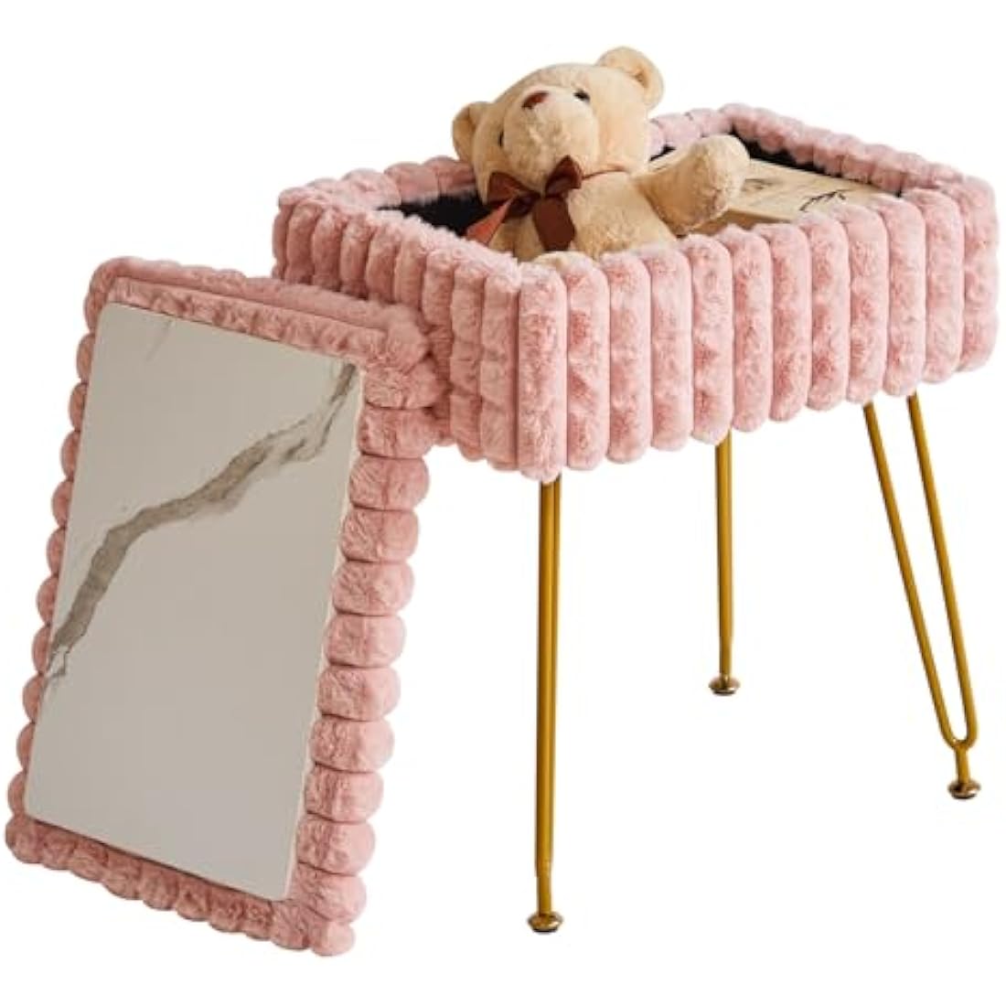 IBUYKE Rectangle Vanity Chair with Storage Space, Footrest Footstool Ottoman, Vanity Stool, Dressing Table Chair, with Anti-Slip Feet, for Makeup Room, Bedroom, Square grid pattern, Pink WBD004P