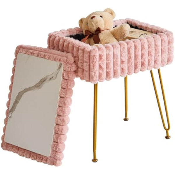 IBUYKE Rectangle Vanity Chair with Storage Space, Footrest Footstool Ottoman, Vanity Stool, Dressing Table Chair, with Anti-Slip Feet, for Makeup Room, Bedroom, Square grid pattern, Pink WBD004P