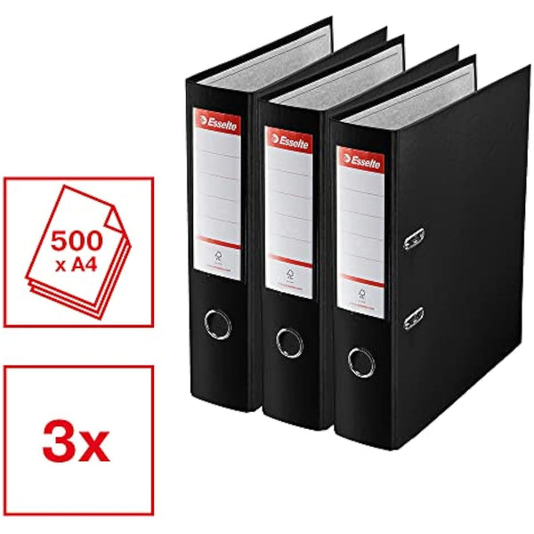 Esselte A4 Lever Arch File, 3-Pack, 550 Sheets Capacity, Durable PP Plastic Cover with Interchangeable Label Holder, Metal Reinforcements, Ring Binder, Office File Organiser, Black (624294)