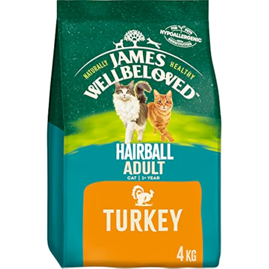 James Wellbeloved Hairball Adult Turkey 4 kg Bag, Hypoallergenic Dry Cat Food