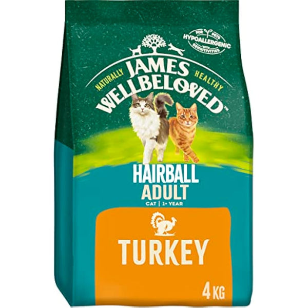 James Wellbeloved Hairball Adult Turkey 4 kg Bag, Hypoallergenic Dry Cat Food