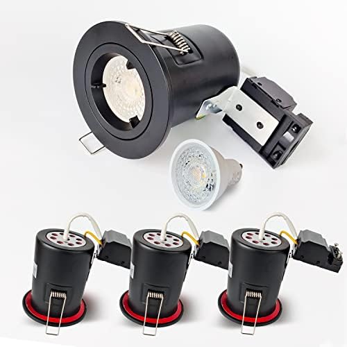 4XSweier 90 Minute IP20 Fire Rated Black Recessed Ceiling Spotlight, LED Downlight 5W Warm White 3000K, Spotlight with GU10 Junction Box (Non-Dimmable)