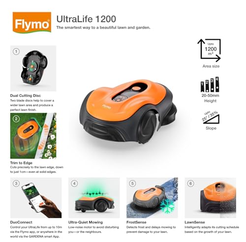 Flymo EasiLife 250 GO Robotic Lawn Mower - Cuts Up to 250 sq m, Ultra Quiet Mowing, Manicured Lawn, Bluetooth Application Control, Safety Sensors, Hose Washable, Lifestyle Functions, Orange and Grey