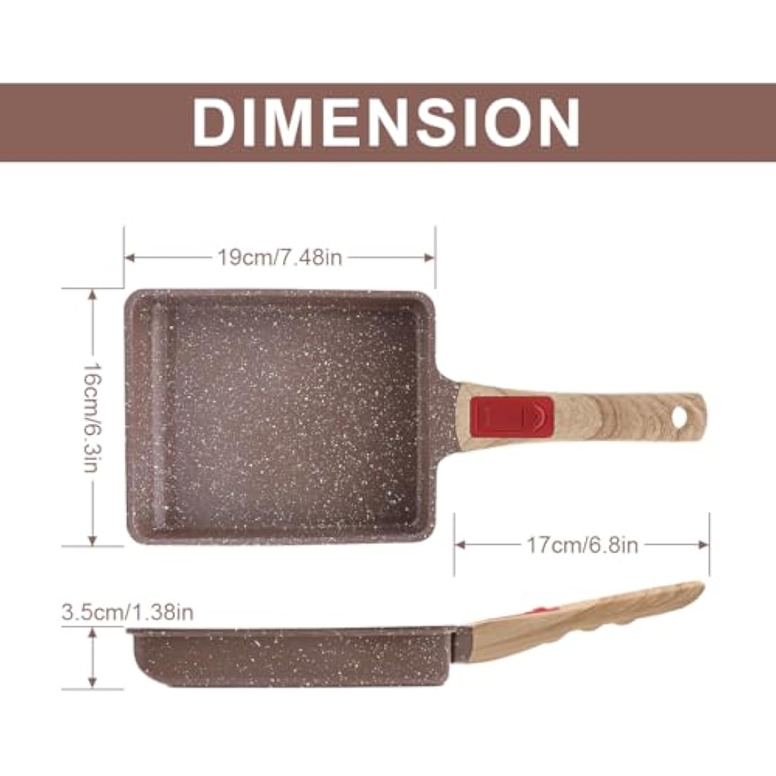 AIKENBBKK Ceramic Nonstick Tamagoyaki Pan, Japanese Omelette Pan Omelette Egg pan with Detachable Handle, Oven& Dishwasher Safe,19x16 cm (Brown)