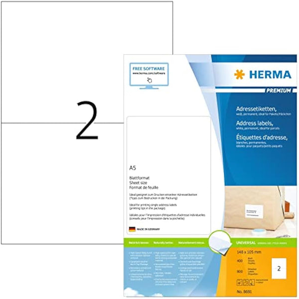 HERMA Self Adhesive Shipping Labels, 2 Labels per A5 Sheet, 400 Sheets, 148 x 105 mm, 800 Labels, Blank Parcel Labels Stickers, Sticky Labels for Laser & Inkjet Printer, White
