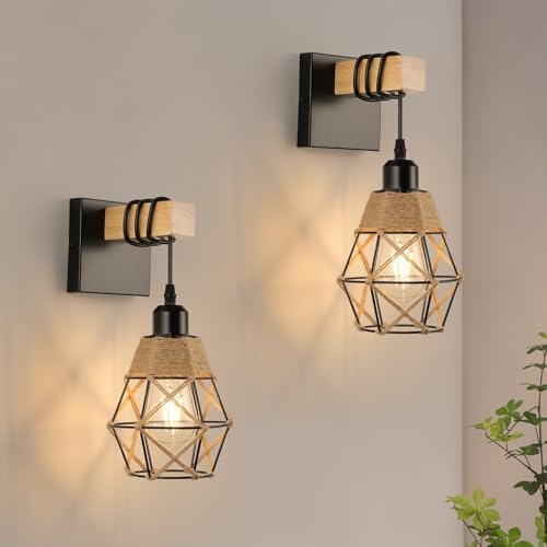 FORCOSO Wall Lights Indoor 2-Pack, Vintage Wood Wall Lamp Black, E27 Sconce Lights, Industrial Lights Fittings, Rustic Rope Lighting Fixtures Living Room Bedrooms Hallway