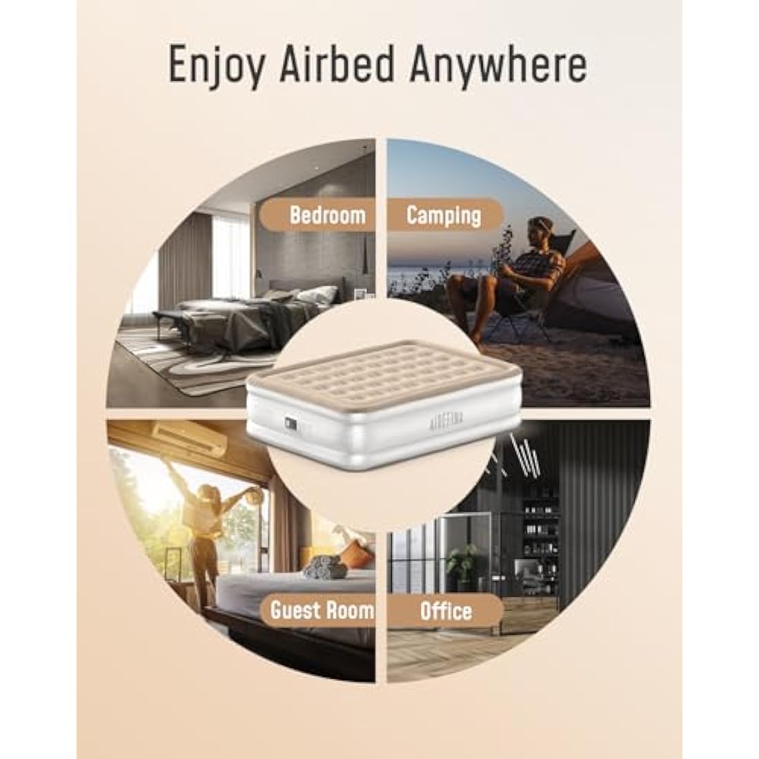 Airefina King Air Bed, Inflatable Mattress with Built in Pump, Blow up Bed in 3 Mins Self-Inflation, Portable Double Blow up Mattress, Flocked Surface Airbed for Guest, Home & Camping, -203×152×40cm