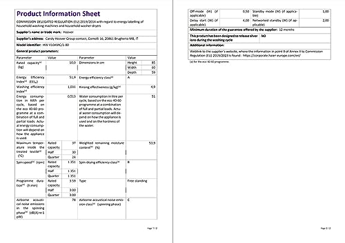 Hoover H-WASH 500 10kg Freestanding Washing Machine, 1400 RPM, A Rated, ECO‑Power Inverter Motor, hOn App, 60 Programmes, Care Dose, Power Care System, White, 60x59x85 cm ‑ HW 410AMC/1-80
