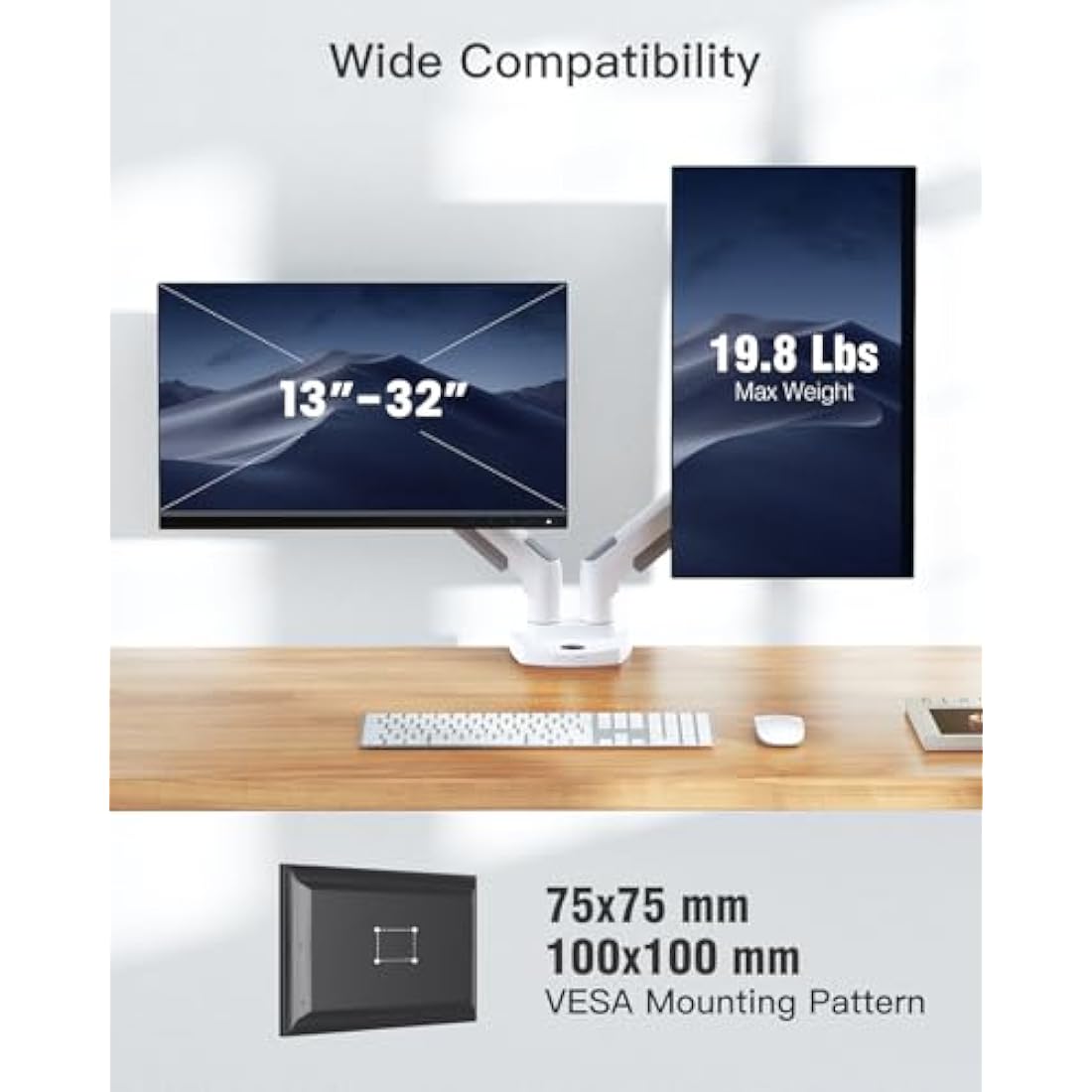 HUANUO White Dual Monitor Arm Desk Mount for 13 to 32 Inch Screens, Dual Monitor Stand for Curved Flat Screens, VESA Mount 75 & 100 mm