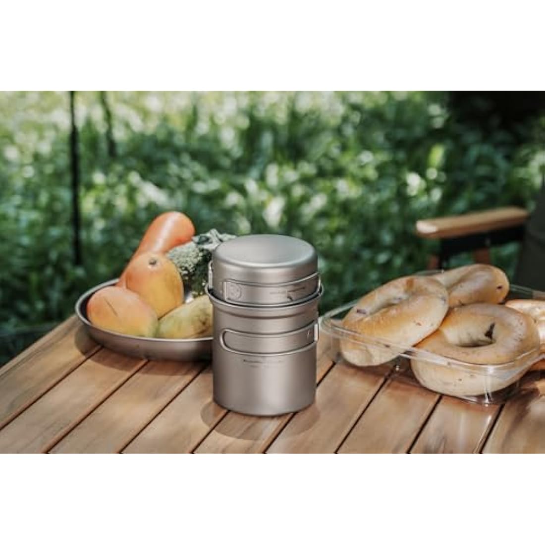 iBasingo Titanium Camping Pots Pans Set Lightweight Outdoor Backpacking Cookware with Folding Handle Compact Cooking Mess Kit Portable Travel Cookset, Rust-proof, Non-toxic