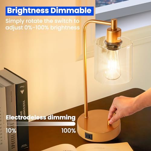 Homelist Gold Bedside Lamp Set of 2,Dimmable Industrial LED Table Lamps Nightstand Beside Reading Desk Lamp with USB Charging Port, Glass Shade for Bedroom Living Room Home Office,Gift for Friend