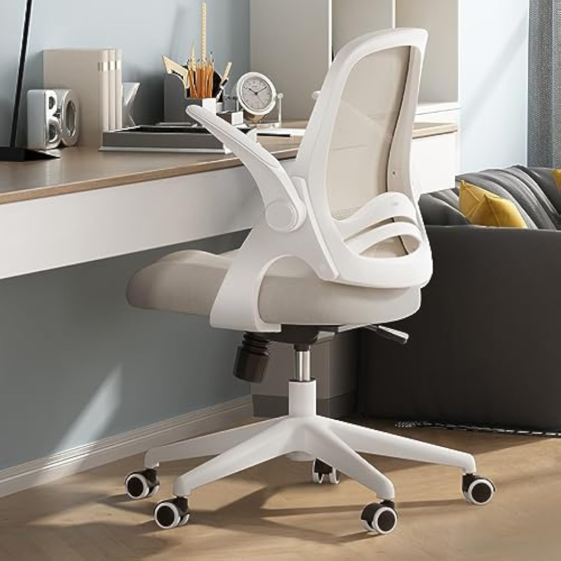 Hbada Ergonomic Office Chair with Folding Armrest, Canvas Office Chair, 360° Swivel, Grey