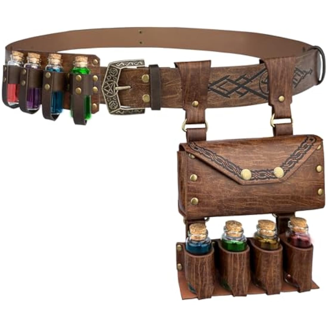 EpicCos 3 PCs Medieval Alchemy Belt Waist Pack Combo with Multiple Potion Bottles, Viking Rivet Belt Side Pouch for Cosplay (Brown C)