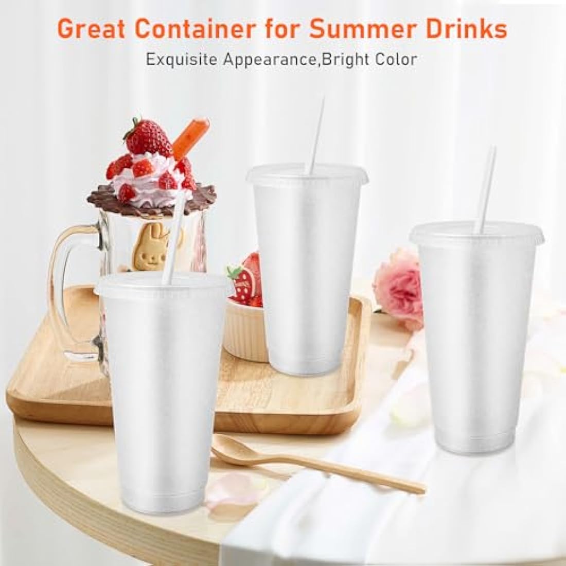 24 Pcs Reusable Cups with Lids and Straws 24 oz Glitter Iced Coffee Tumbler Plastic Travel Mug Cup for Smoothie Juices Birthday Sleepover Party Supplies (Clear)