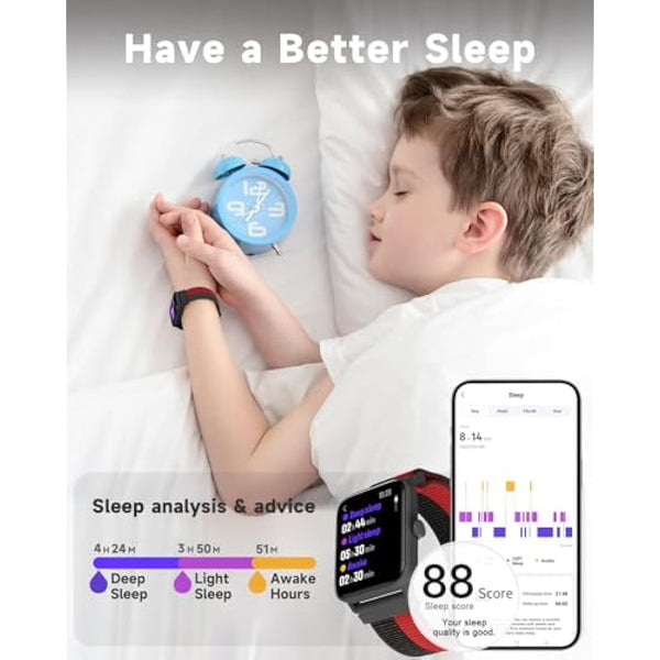 BIGGERFIVE Kids Smart Watch, Fitness Tracker Watch Pedometer, Heart Rate, 5ATM Waterproof, Sleep Monitor, Alarm Clock, Calorie Step Counter, Puzzle Games, 1.5" HD Touch Screen for Boys Girls Ages 5-14