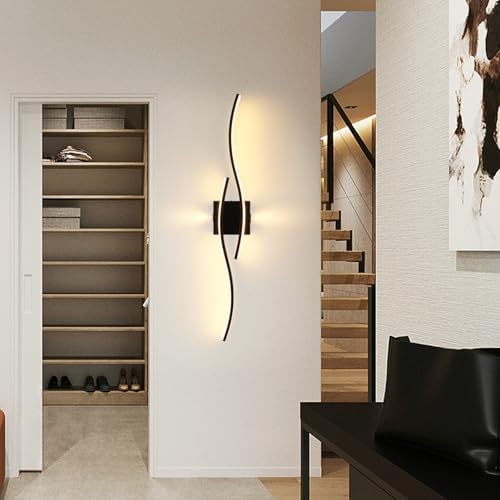 EIDISUNY Led Wall Light, 80cm 28W Black Indoor Modern Wave bar LED Wall Lamp for Living Room Indoor Hallway Bedroom Kitchen Stairs Bedside Vanity Mirror Sconce Light -Black Warm White Light 3000K