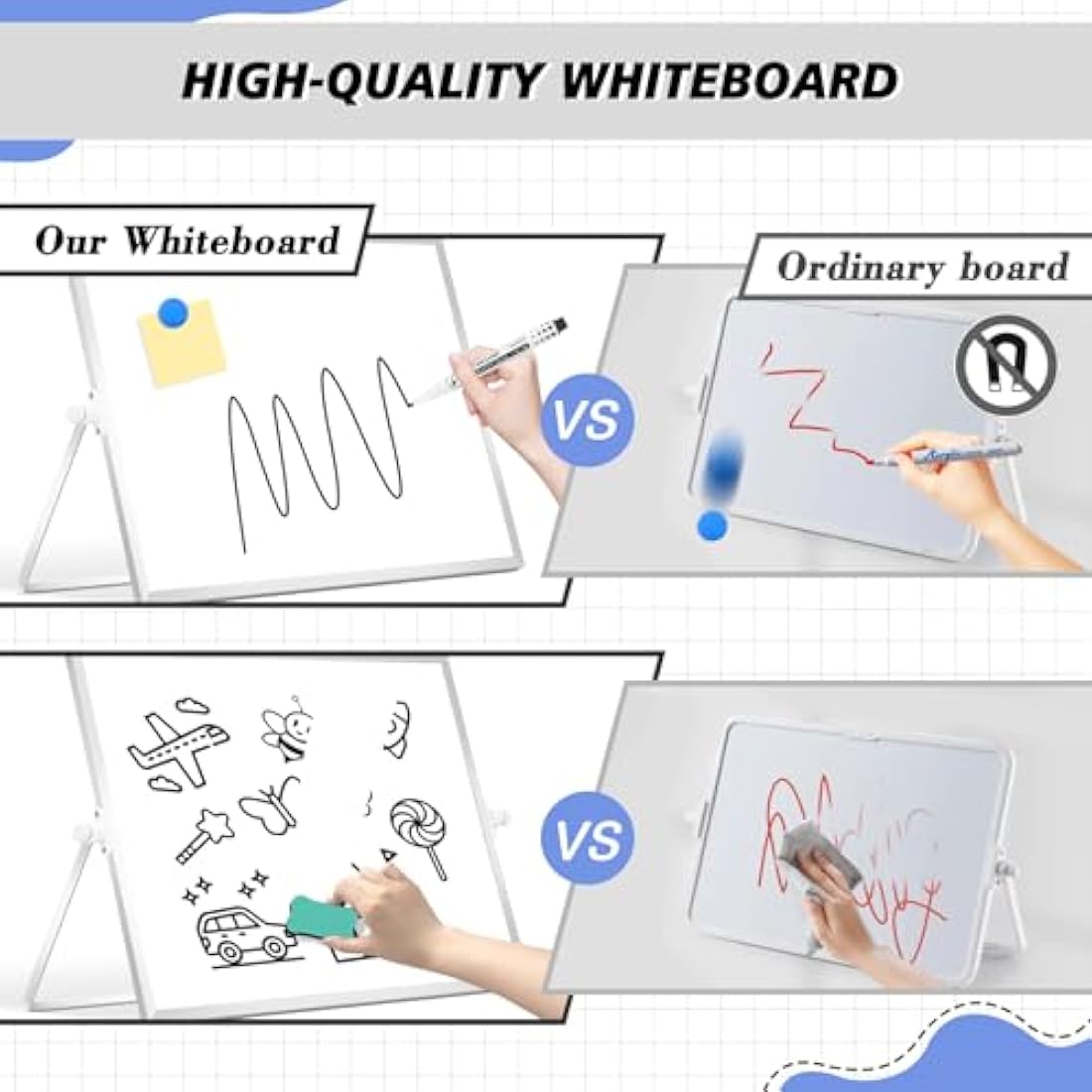 DOLLAR BOSS Magnetic Desktop Whiteboard 30x40cm Double Sided Dry Erase Small White Board with Stand, A3 Mini Whiteboard 8 Pens, 1 Eraser, 6 Magnets, for Kids Students Back to School Supplies