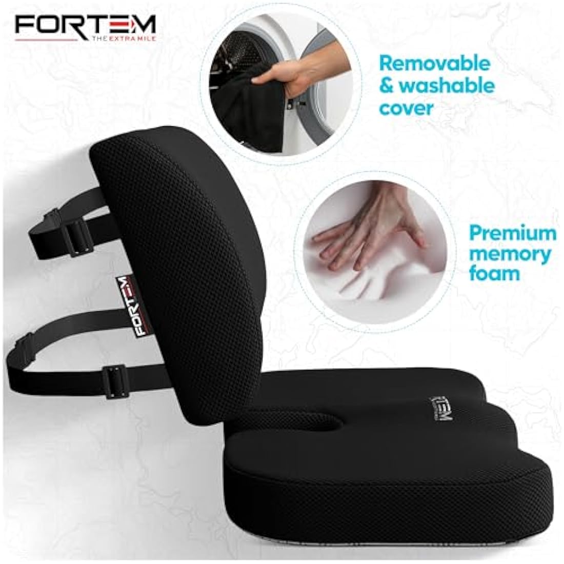 FORTEM Office Chair Cushion and Back Support for Office Chair, Lumbar Support Pillow, Memory Foam, Non Slip Sitting and Back Rest for Gaming, Car Seat Cushion, Chair Pad
