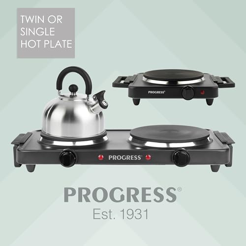 Progress EK4399P Electric Twin Hot Plate Dual Temperature Controls,Portable Hob Rings,Easy Grip Carry Handles, Non-Slip Tabletop & Outdoor BBQ