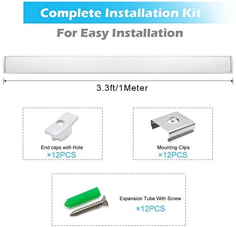 LightingWill Aluminum Channel 3.3ft/1Meter Silver U-Shape LED Diffuser With Milky White Cover, End Caps and Mounting Clips Aluminum Extrusion For LED Strip Lights U02