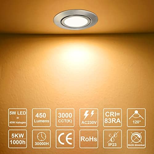 HiBay 8X Downlights for Ceiling 5w, 230V Ultra Slim Recessed Spot Lights Warm White, Hole Size 72-80 mm, 40° Tilt Chrome Round Led Recessed Ceiling Lights for Kitchen, Living Room, Bedroom Indoor