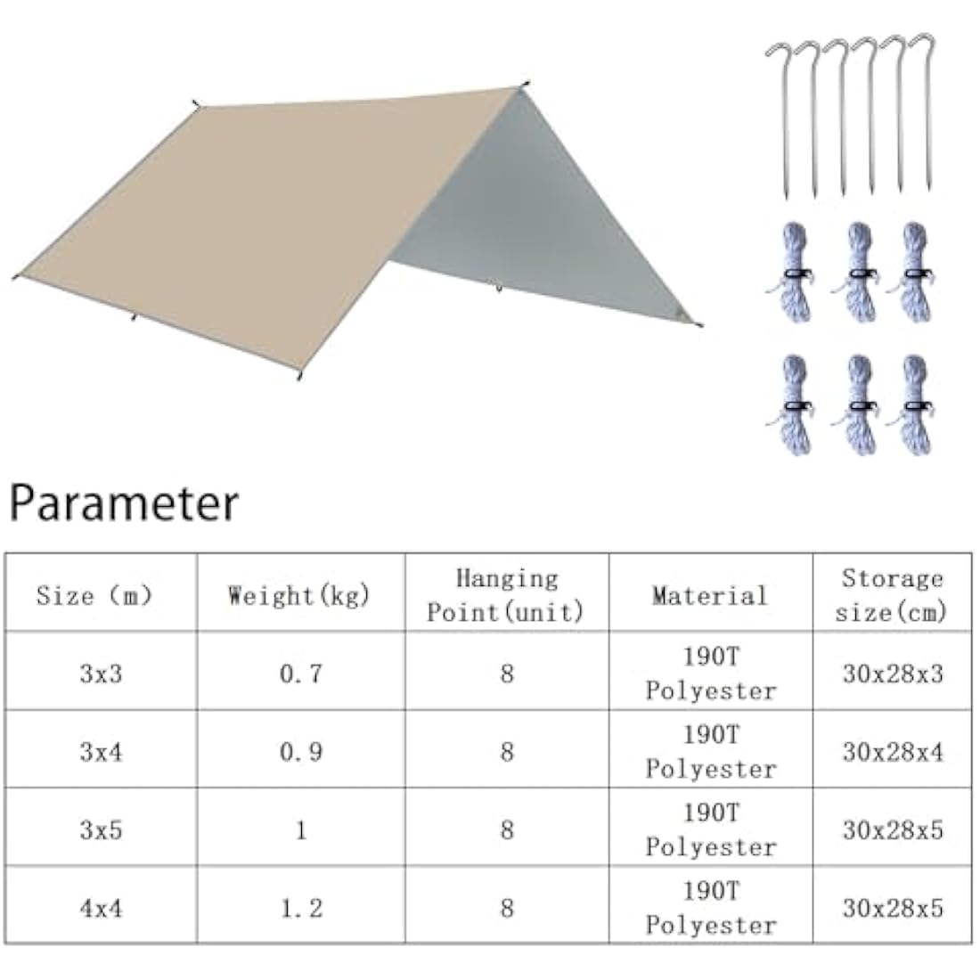 HIDEWALKER Camping Tarp Shelter 3x3m 3x4m 3x5m Lightweight Tent Tarpaulin Waterproof Tent Awning Canopy Basha Sunshade for Hiking Backpacking (Khaki, 3x5m)