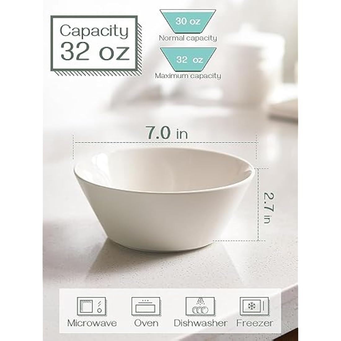 DOWAN Ceramic Soup Bowls,Φ18cm Bowl Set, 950ml Large Cereal Bowls for Kitchen, White Ramen Bowl for Noodle, Porcelain Salad Bowls Set of 4 for Salad, Fruit, Dishwasher and Microwave Safe